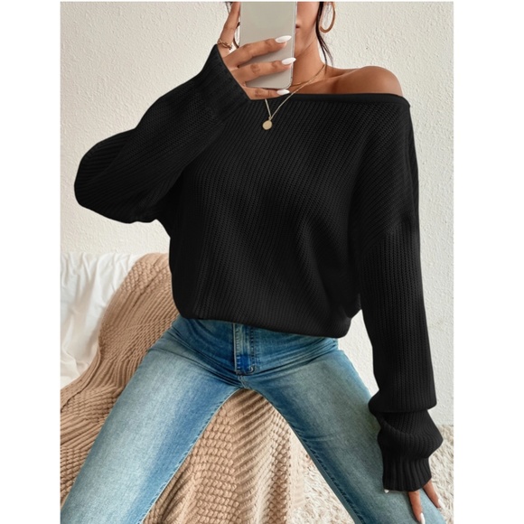 Black Backless Pearl Detail Oversized Knit Sweater Twisted Back Long Sleeve - Picture 3 of 7